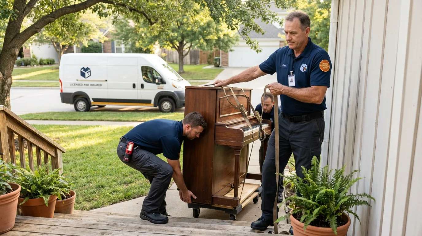 Licensed piano movers securing grand piano in Coal Valley, IL