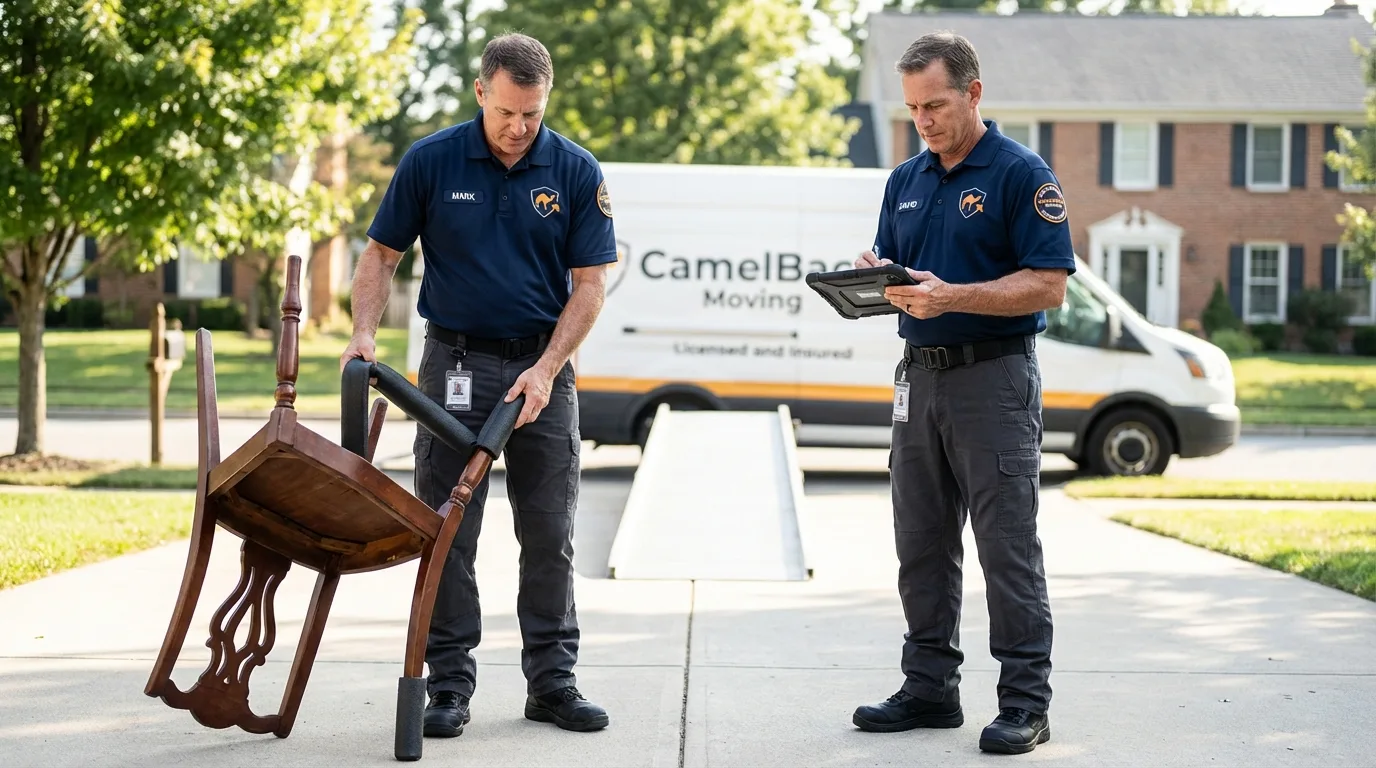 Movers inspecting furniture for damage prevention before loading in Coal Valley, IL